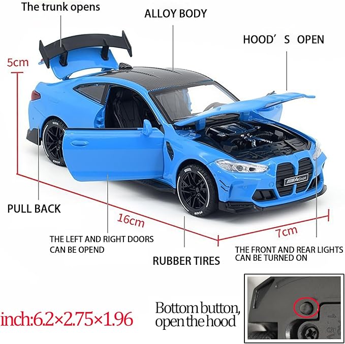 Toy Cars Compatible for M4（M Performance Parts） 1/32 Metal Model Car Pull Back Car Toys with Light and Sound Toys Car Collectible Model for Children Age 3 + Year Old (Blue)
