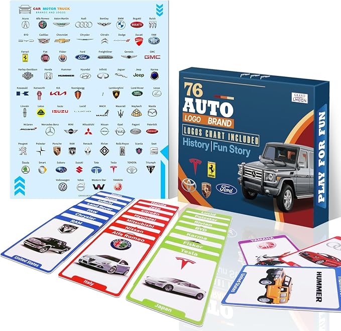 76 Car Motorcycle Truck Brands and Logos Flash Cards, Overview Chart, History, Fun Story Small Gift for Boy