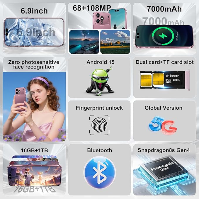 MMY 17PROMA X Unlocked Cell Phone 16+1TB,6.9" HD Screen Unlocked Phones,Android 15 7000mAh Long Battery Life Smartphone,5G/Dual SIM/Fingerprint Button Unlock/Photos/Face ID (Rose Gold, 16+1TB)