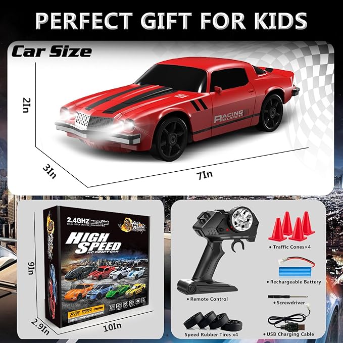 RC Drift Car 1:24 Remote Control Car 4WD 15KM/H High Speed Racing Sport Car with LED Lights RC Cars Toy for Kids Boys Girls Adults Gifts Birthday Christmas Rechargeable Batteries