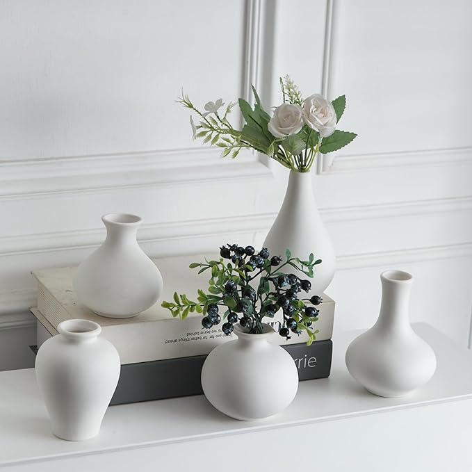 Small White Vases, Ceramic Bud Vase Set of 5, Mini Pottery Vases for Pampas Grass, Flowers, Decorative Vases for Home Modern Decor, Rustic Decor, Veses for Living Room Dining Table Shelves