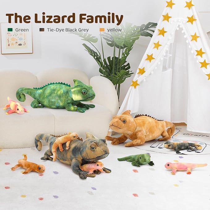 5Pcs Giant Lizard Plush, 27" Mother Iguana Stuffed Animal with 4 Baby Lizard Plushies, Bearded Dragon Plush Toy for Kids Reptile Lovers, Yellow Stuffed Chameleon for Christmas Birthday Gift