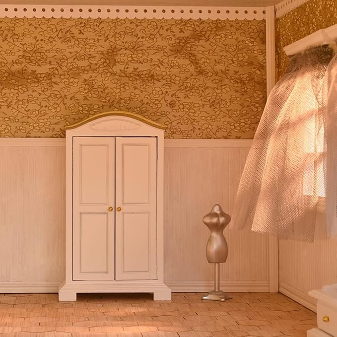 iLAND Victorian Dollhouse Furniture 1/12 Scale, Brewster Dollhouse Bedroom Furniture Set (White & Gold)