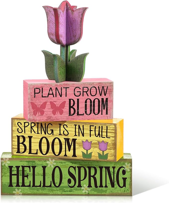 Moucuny 4 Pcs Spring Table Decorations Tulip Flower Wooden Signs Spring Tiered Tray Decor Wooden Tulip Block Signs Pastel Flower Table Centerpieces Decor for Home Kitchen Shelf Office