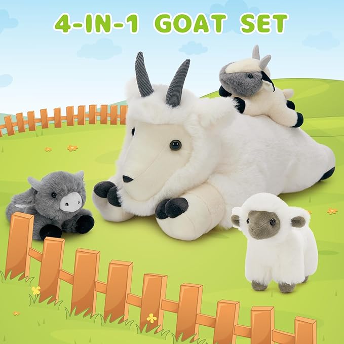 4Pcs Giant Goat Plush Toy, 17.7" Soft Mother Goat Stuffed Animal with 3 Cute Baby Goat Plushies, White Goat Body Pillow for Kids, Cuddly Stuffed Farm Aniaml Toy Gift for Christmas Birthday