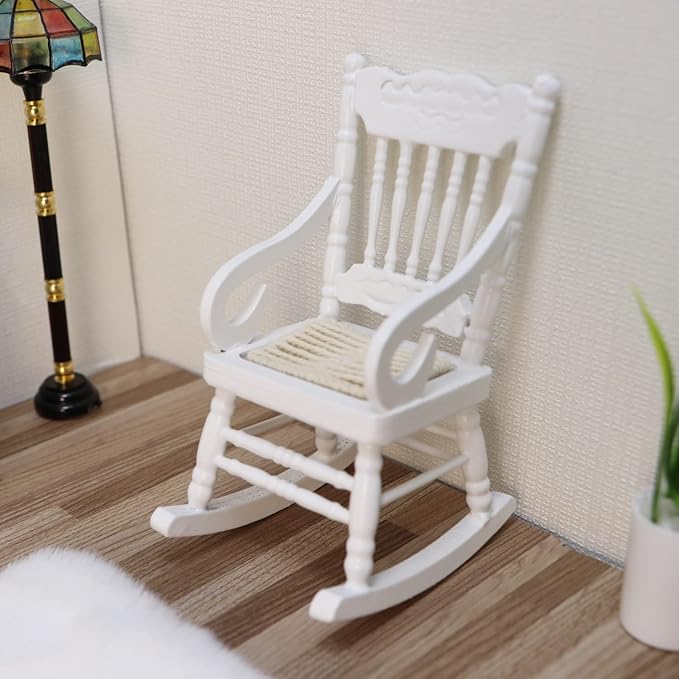 Dollhouse Chairs 2PCS Miniature Rocking Chair 1:12 Scale Wooden FurnitureAccessories Tiny Mini House Home Outdoor Cake Topper Decoration ModelLiving Room Scene Christmas Craft Displays (White)
