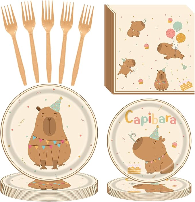 96 Pcs Capybara Party Decorations Pack for Boys Girls, Cute Capybara Birthday Supplies Includes Plates, Napkins, Forks for Animals Themed Party Supplies, Serve 24