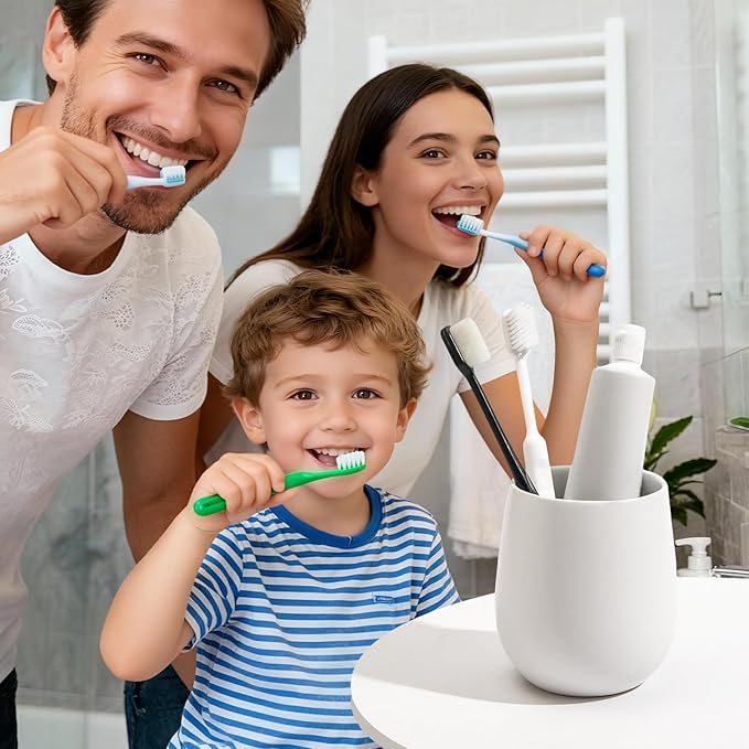 White Ceramic Toothbrush Holder - 11Oz Small Bathroom Tooth Brushing Holders, Reusable Mouthwash Cup, Toothpaste Holder, Makeup Brush Holder, Pen Holder for Bathroom Countertop, 1PC