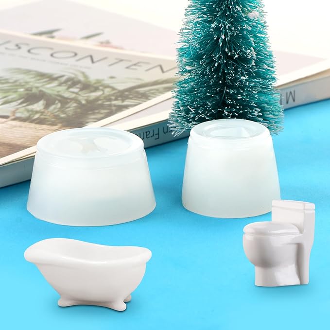 2Pcs Mini Bathtub Toilet Shape Resin Silicone Molds 3D Tiny Lavatory Epoxy Casting Molds for DIY Micro Resin Dollhouse House Kitchen Miniatures Landscape Decor