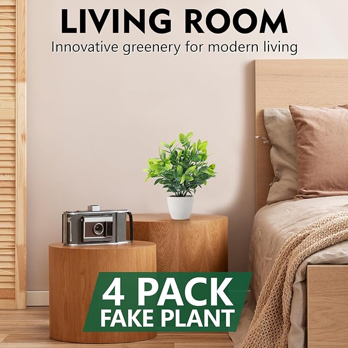 FAVOWREATH 4 Pack Fake Plants Ceramic Mini Artificial Greenery Potted Plants for Home Decor Office Decor Room Decor Farmhouse Decor Indoor Table Bathroom Decor