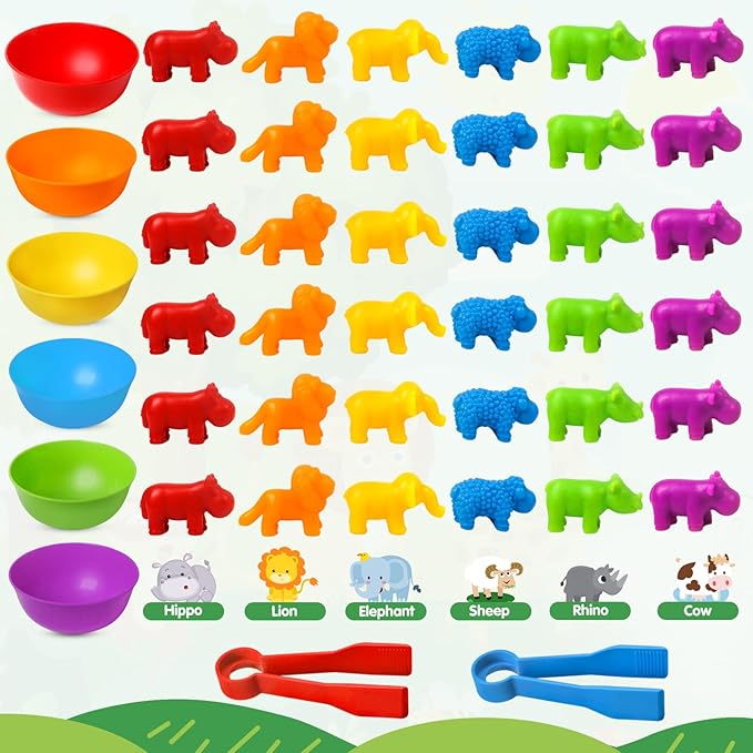 Counting Toys Matching Game for Kids with Sorting Bowls Preschool Learning Educational Activities Toys Color Classification and Sensory Game Set Toddler Fine Motor Toys for 3 4 5 Years Old-Animals