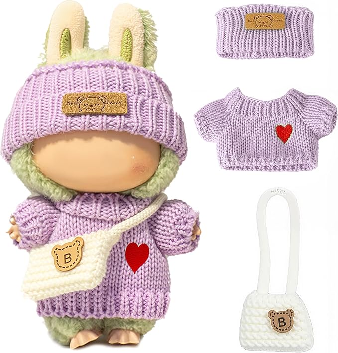 Clothes for LABUBU Doll (NO Doll), Handcrafted Crochet 3-Piece Accessories for LABUBU 17cm Dolls, Premium Outfit - Heart Sweater + Hat + Bag, Cute Clothes for Dress up Unique Style (Purple)