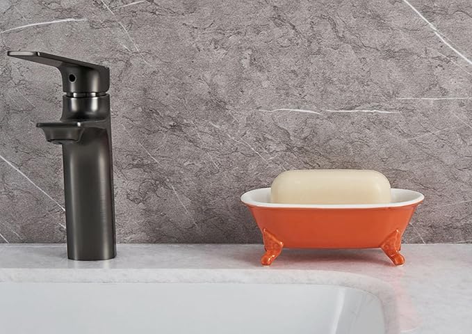 NEWHENGS 6.5" Ceramic Mini Decorative Clawfoot Bathtub Bar Soap Dish, Kitchen Sponge Holder and Shower Tray for Bathroom, 1 Pack(Dark Orange)
