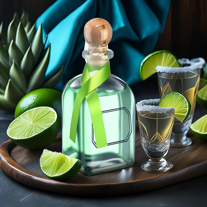 Baderke 12 Pcs 100ml/3.4oz Patron Shot Bottles Empty for Drinks Mini Tequila Shot Bottles Patron with Cork Lids Green Ribbon Reusable Glass Bottle for Weddings Birthday Party Favors DIY Crafts