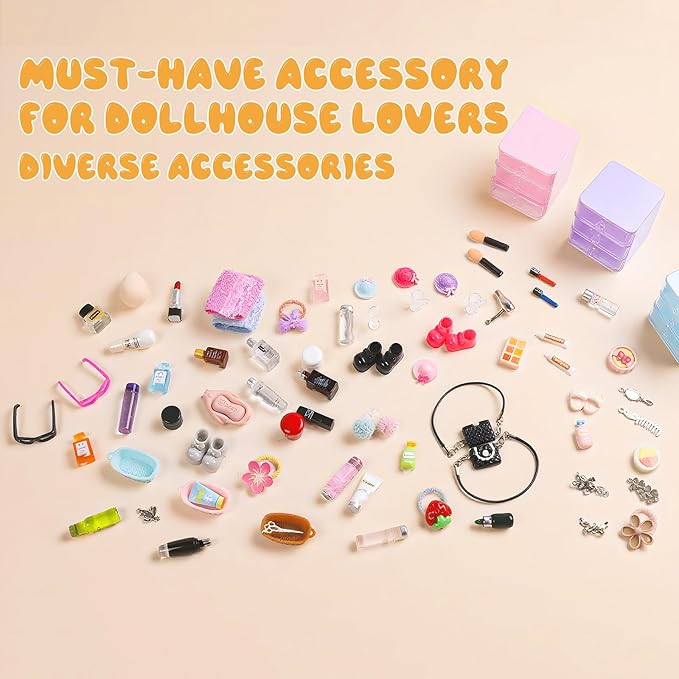76pcs Miniature Dollhouse Accessories,Dollhouse Bathroom Set with Makeup Set Towel Toothbrush Shampoo Toiletries Set,Miniature Stuff Jewelry Storage Case Perfume Shoes Backpack for Girl Micro Scene