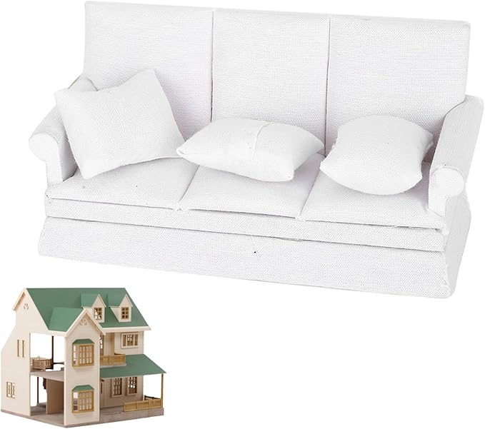 1:12 Scale Dollhouse Sofa with 3 Pillows, Miniature White Wooden Living Room Furniture for Doll House, Realistic DIY Scene Decoration and Collectible Accessory