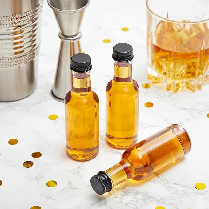 Stockroom Plus 30 Pack Mini Shot Bottles with Caps & Funnels - 50 mL Clear PET - Sample Wine Bottles & Plastic Liquor Containers - Adult Party Favor Pack