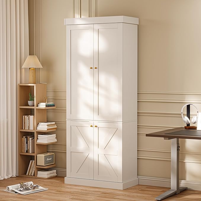 70.8" Tall Farmhouse Kitchen Pantry Cabinet with Glass Doors, Modular Wooden Storage Cabinet with 6-Tier Adjustable Shelves, Hutch for Kitchen or Living Room, Set of 3, White