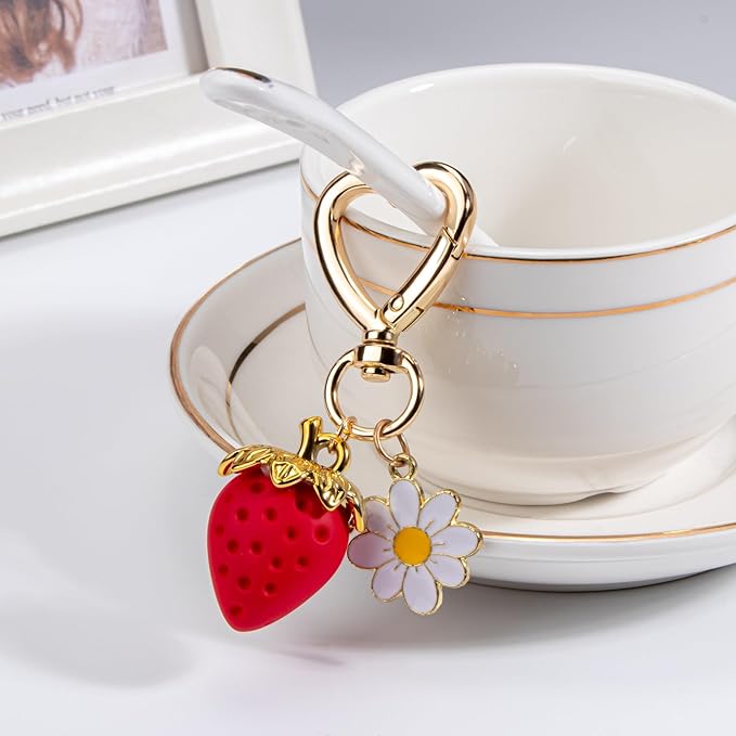 Wikavanli Cute Strawberry Keychain,Bag Charms,Kawaii Heart Flower Daisy Key chains Accessories Decor for Women Girls Purse