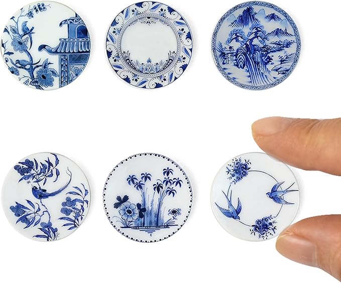 6PCS Handcrafted Miniature Ceramic Plates in 1:12 or 1:6 Scale, Vintage Porcelain Playhouse Dishes (Blue-White C, 2.3CM)