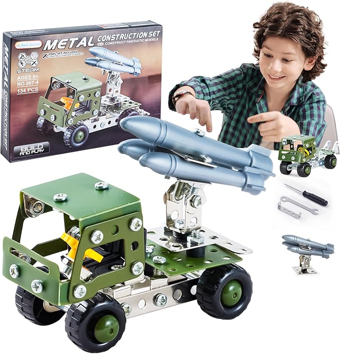 Military Truck STEM Building Toy Set for Boys Age 8-12 - Metal Army Toys Model Car Kits Set - Engineering STEM Kits or Kids 6-8, 8-10 Stem Projects Vehicles 134pcs