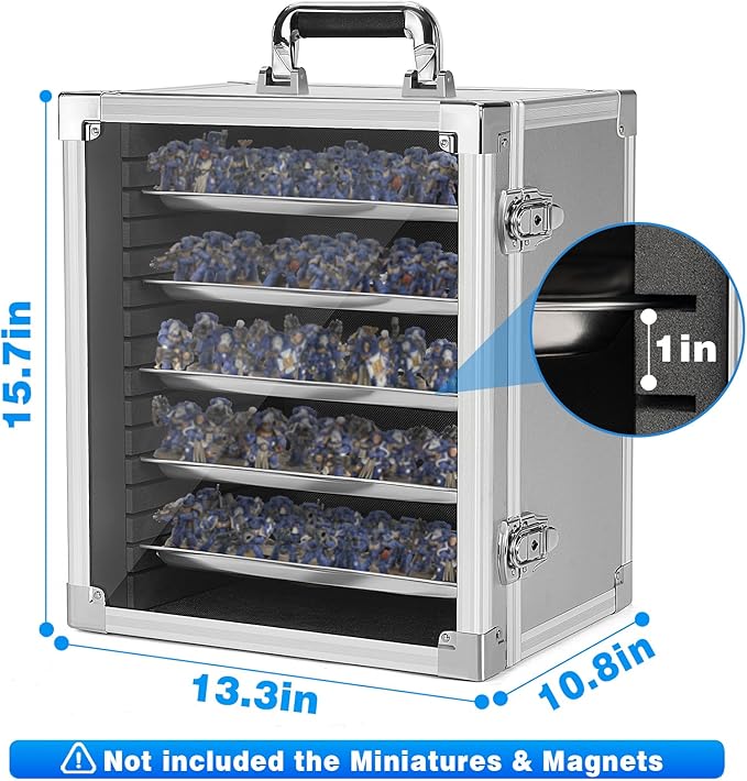 Miniature Carrying Storage Case Aluminum Alloy Frame Transport Case, Miniatures Transport Case with Lock and 5 Metal Tray