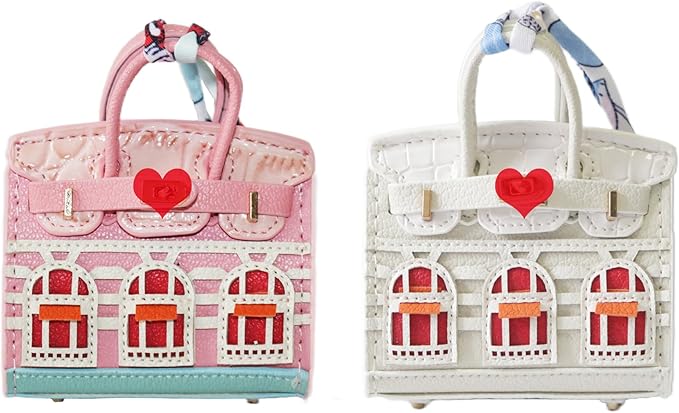 Buyborgood Women's 2 PCS Mini Tote Bag Charms Keychain Pouch Small Coin Purse Wallet (Peach + White)