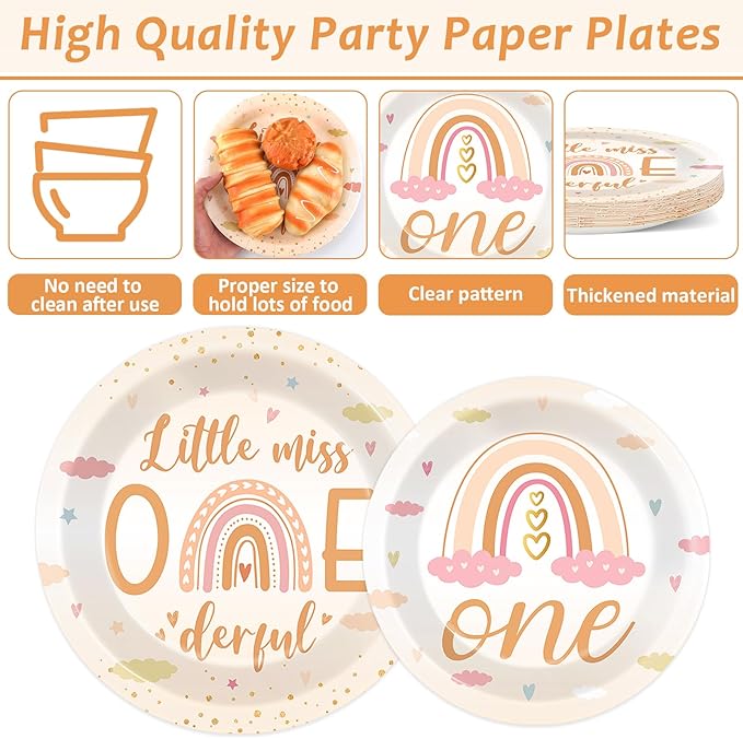 96Pcs Boho Rainbow Party Decorations Miss Little One Derful 1st Themed Tableware Rainbow First Birthday Plates Napkins Forks Onederful 1st Dinnerware Supplies for Baby Shower Birthday Serves 24 Guests