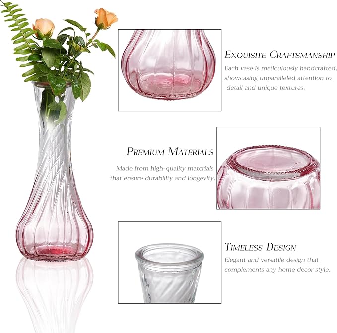 Glass Bud Vase Set of 60 - Small Vases for Flowers in Bulk - Assorted Vintage Crystal Vases for Flowers, Table Centerpieces (Pink, 60 Pcs)