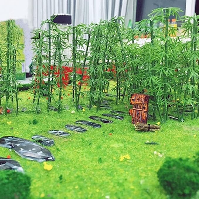 Woohome Model Bamboo Trees, 30 PCS Miniature Bamboo Trees Landscape Green Plastic Bamboo Trees and 2 PCS Artificial Moss Rocks Fake Moss Rocks for Home Decoration, Fairy Gardens