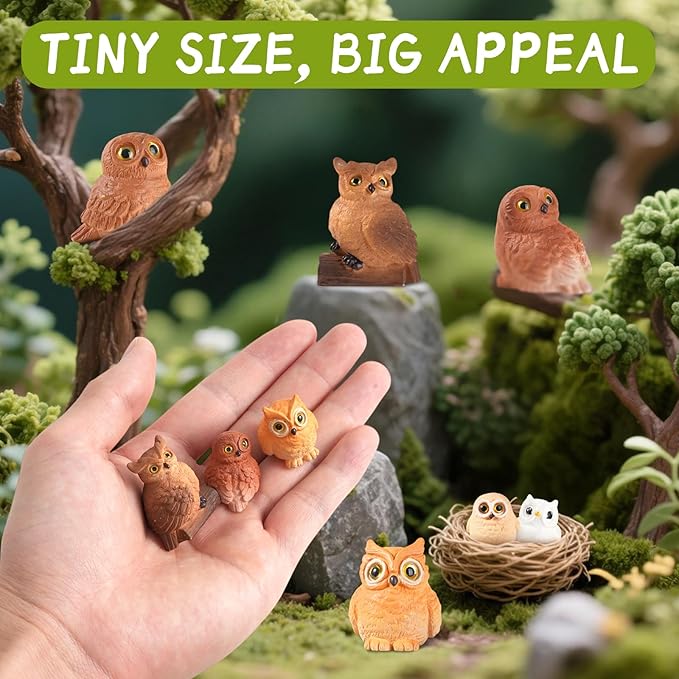 48 Pcs Miniature Owl Figurines 6 Styles Resin Mini Owl Figurines Bulk Animal Figurines Set for Fairy Garden Micro Landscape Pots Bonsai Decorations DIY Props