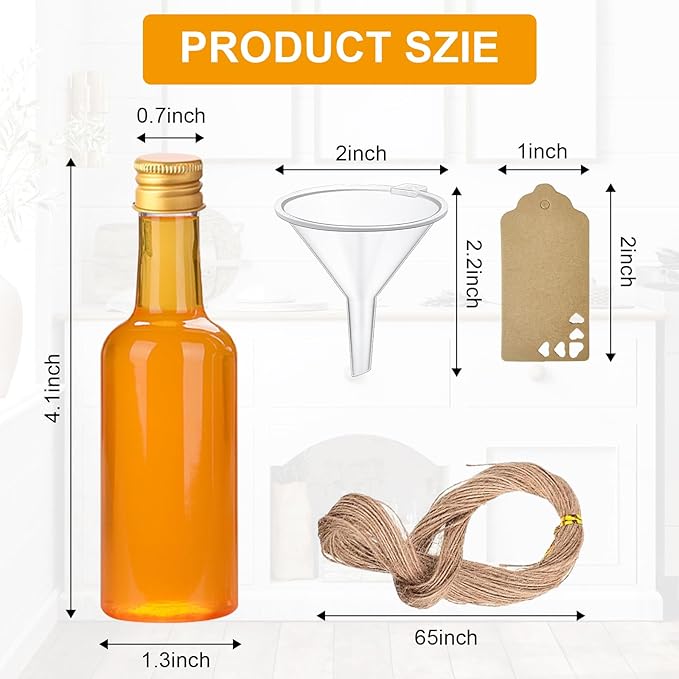 Voittozege 100 Pcs 1.7 oz Mini Liquor Bottles,Airtight Shot Bottles with Caps 10 Pcs Funnels 100 Pcs Kraft Tags and 65 ft Rope,Little Spirit Bottle for Cocktail,Party Favors,Weddings (gold Cap)