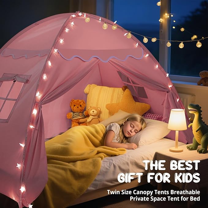 Full Size Bed Canopy for Kids：Girls Bed Tent Dream Privacy Sleeping Tents Indoor - Toddler Under Bunk Pink Tent - Girls & Boys Bedroom Privacy Space Sleeping Tents Gifts (Large Pink)