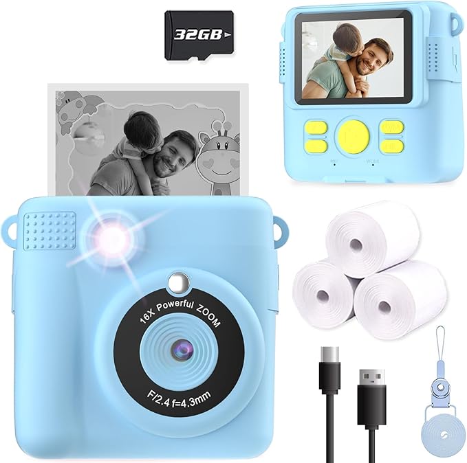 ESOXOFFORE Kids Camera Instant Print, Christmas Birthday Gifts for Kids Age 3-12, Selfie Digital Camera with 1080P Videos,Toddler Portable Travel Toy for 4 5 6 7 8 9 Year Old Boys Girls-Blue