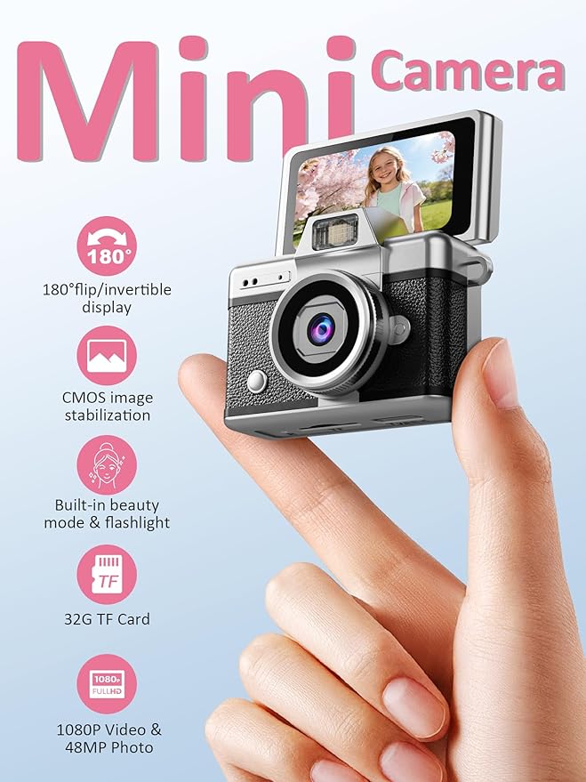 ETODBUWS Mini Keychain Camera, 1080P Digital Camera with 1.47" LCD, 32GB TF Card Included, Pocket-Size Retro Camera for Kids & Adults, Travel Collectible Gift,Black