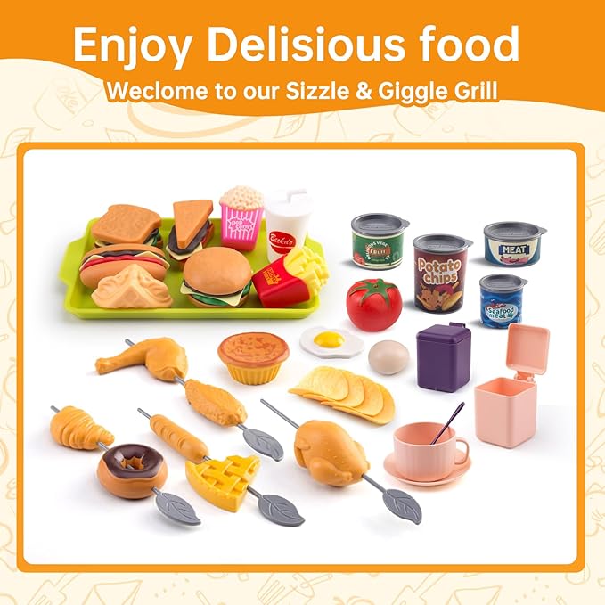 120Pcs Mini Play Kitchen Accessories, Kids Pretend Cooking Playset with Desserts, Cuttable Veggies & BBQ & Storage Basket, Educational Role-Play Gift for Toddlers, Child, Pink