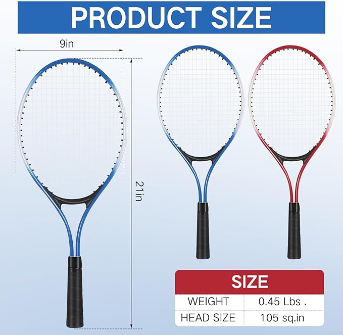 Motionchic Tennis Rackets Recreational 21 Inch Lightweight Tennis Racket with Balls for Training Beginners with Overgrips Carry Bag(Blue,Red)