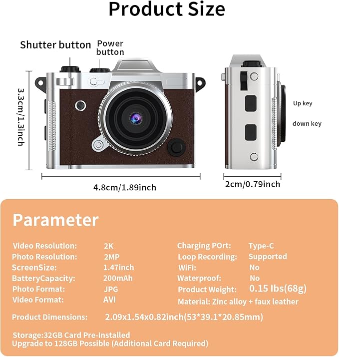 LENANE Mini Keychain Camera - 2K FHD Tiny Retro Digital Camera with 32GB Card, 1.47" Screen & OTG Adapter, Vintage Compact Micro Pocket Camera for Kids,Travel,Party (Brown)
