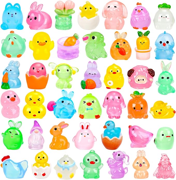 56 Pcs Easter Luminous Mini Resin Figurines 56 Style Glow in The Dark Little Small Resin Miniatures to Hide Bulk Bunny Chick Figures for Easter Party Favors Egg Fillers Micro Garden Landscape Decor