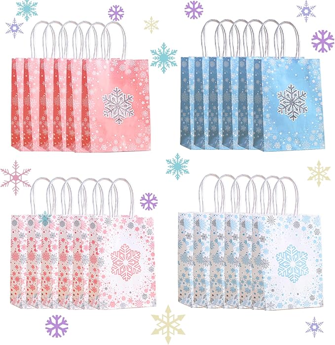 CZWXOXO 24 Pieces Snowflake Party Favors Bags Bulk with Handles Winter Frozen Reusable Paper Gift Bags Winter Treat Goodie Candy Bags for Snowflake Christmas Birthday Holiday Party Supplies