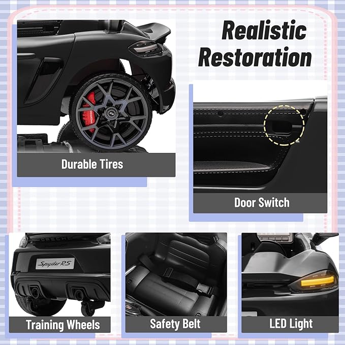 12V Ride on Car Licensed Porsche 718, Kids Electric Car with Remote Control, Front/Rear LED Light, Radio, USB/AUX, Openable Doors, Suspension Function, Durable Tires (Black)
