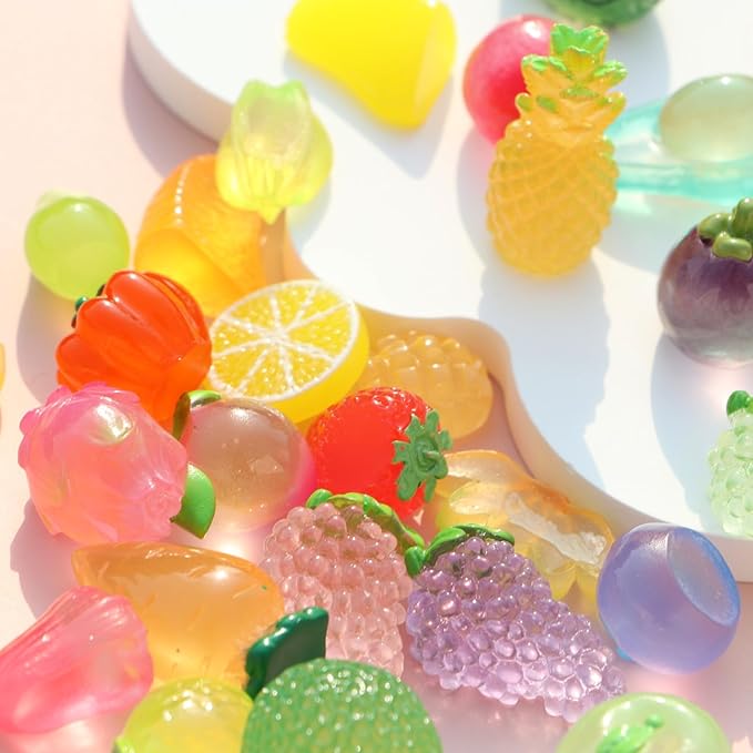 30PCS Mini Artificial Fruits Luminous Decor Resin Glow in The Dark Tiny Figures Small Banana Lemon Strawberries Grapes for Party Table Garden Figurines