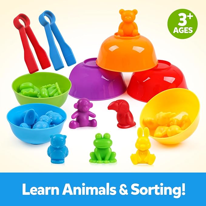 Counting Animals Toys Matching Game with Sorting Bowls Preschool Learning Activities Montessori Sensory Toys for Math Color Sorting, Party Favors Birthday New Year Gifts for Kids