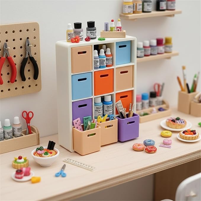 LOGOFUN 1:12 Miniature Dollhouse Storage Rack with 12 Compartments and 4 Color Boxes Miniature Bookshelf Organizer with Cabinets