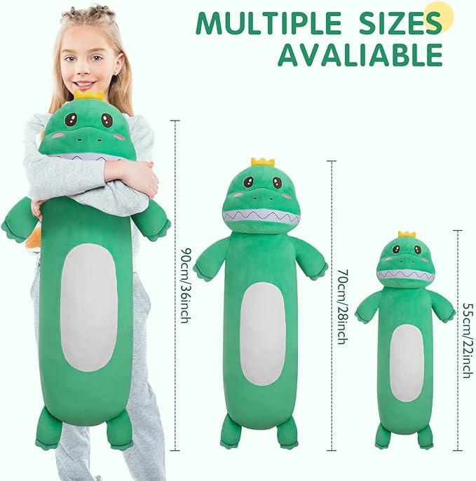 36” Large Dinosaur Plush Long Pillow, Cute Green Extra Dinosaur Stuffed Animals, Big Soft Body Pillow Squishy Plushies Toy, Gifts for Kids Boys Girls, Birthdays, Halloween, Christmas