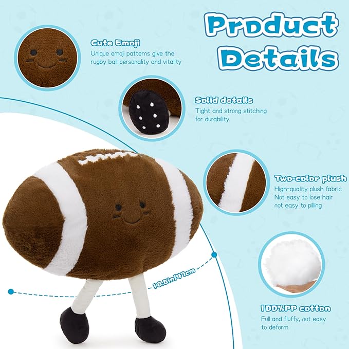 Muiteiur 18.5 Inch Football Plush Toy, Stuffed Rugby Plush with Cute Smile, Soft Stuffed Sports Toy, for Kids Girls Boys Fans