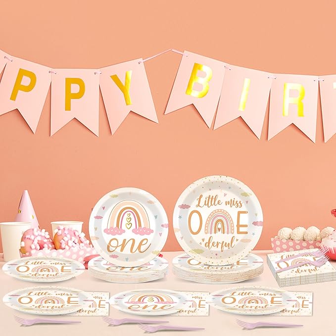 96Pcs Boho Rainbow Party Decorations Miss Little One Derful 1st Themed Tableware Rainbow First Birthday Plates Napkins Forks Onederful 1st Dinnerware Supplies for Baby Shower Birthday Serves 24 Guests