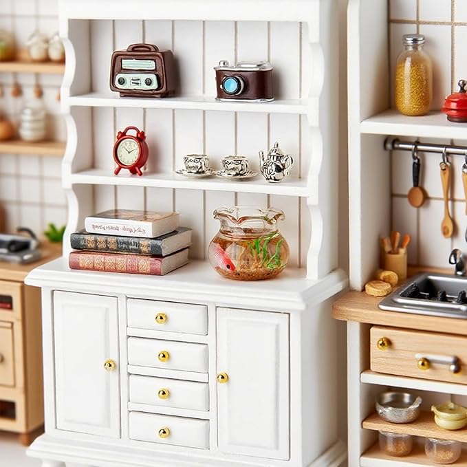 1/12 Dollhouse Cabinet Set, 11Pcs Dollhouse Miniature Wooden Bookshelf with Accessories (Alarm Clock, Fish Tank, Books, Coffee Cups) for Living Room,Dining Room,Study and Other Scenes