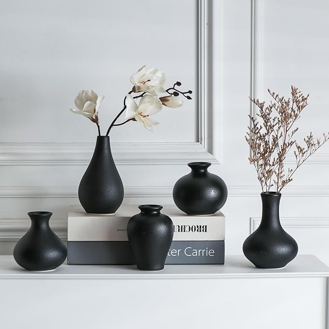Small Black Vases, Ceramic Bud Vase Set of 5, Mini Pottery Vases for Pampas Grass, Flowers, Decorative Vases for Home Modern Decor, Rustic Decor, Veses for Living Room Dining Table Shelves