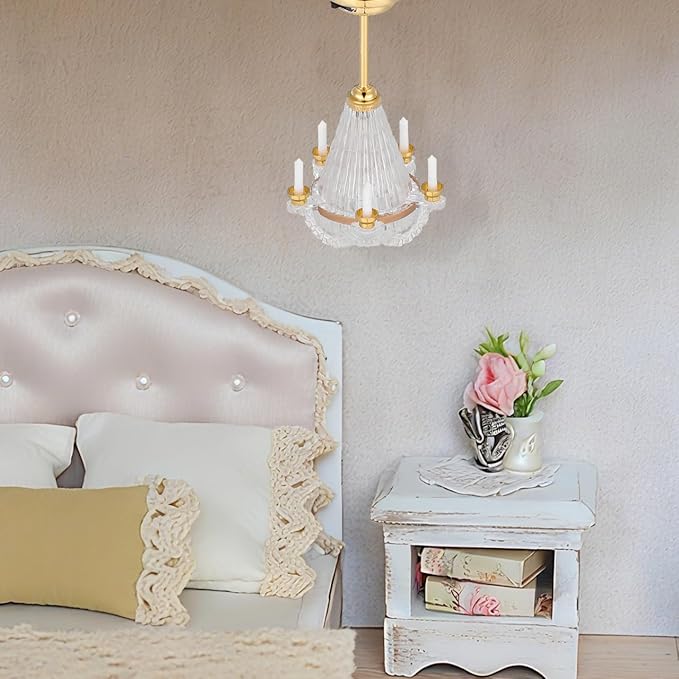 NUOBESTY Dollhouse Ceiling Lamp, 1:12 Scale Dollhouse Hanging Lights Led Miniature Doll House Light Battery Operated Miniature Chandelier for DIY Doll House Furniture Accessories
